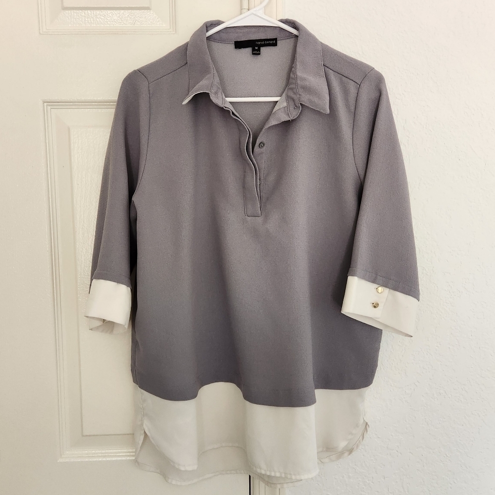 Harve Benard Gray & White Collard Flowy Top Sz Medium
